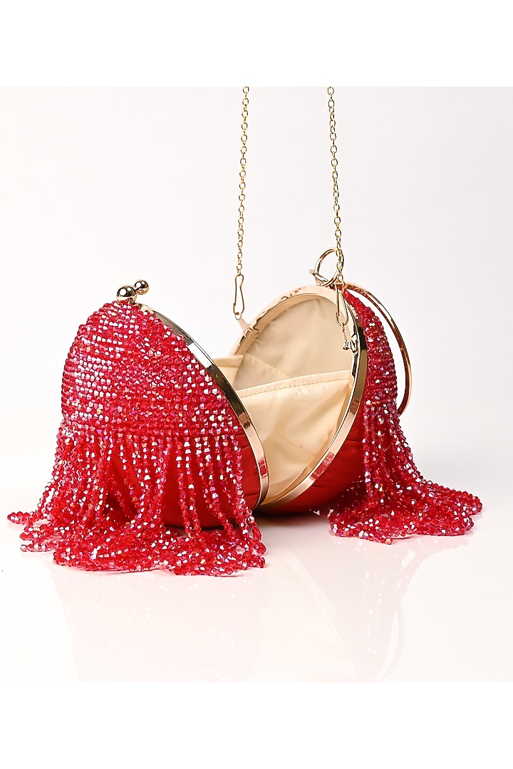 Red Raw Silk Crystal Embroidered Round Clutch by Sugarcrush at Pernia's Pop Up Shop
