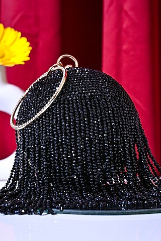 Black Raw Silk Crystal Embroidered Round Clutch by Sugarcrush