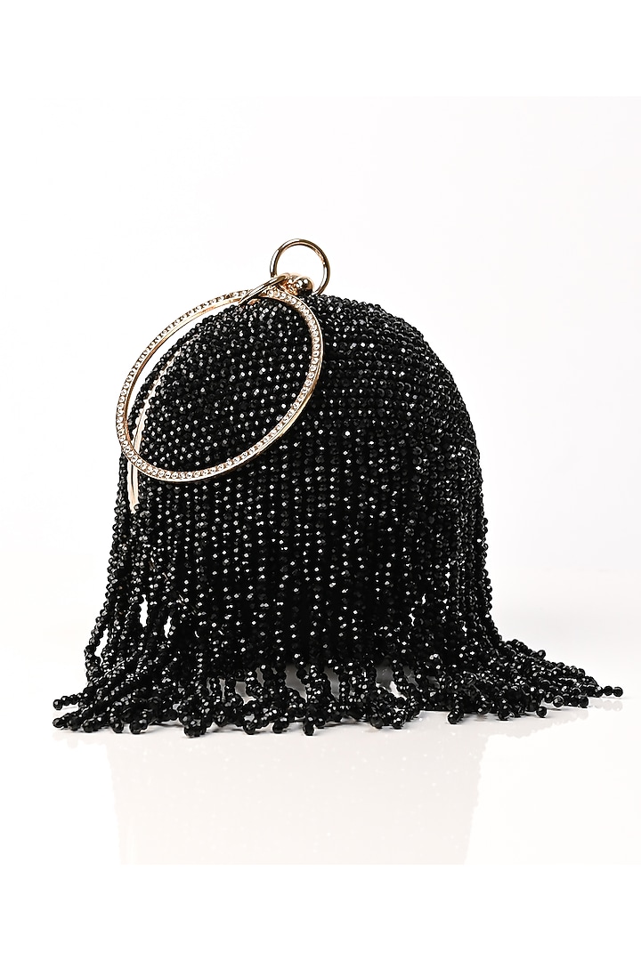 Black Raw Silk Crystal Embroidered Round Clutch by Sugarcrush at Pernia's Pop Up Shop