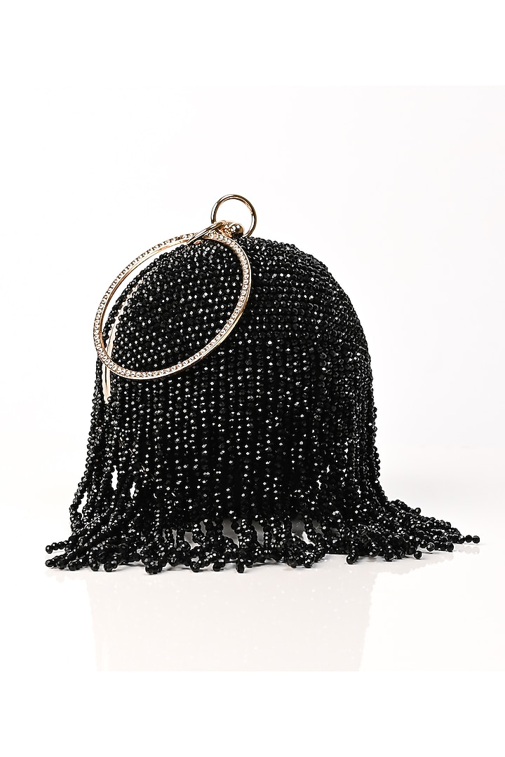 Black Raw Silk Crystal Embroidered Round Clutch by Sugarcrush at Pernia's Pop Up Shop