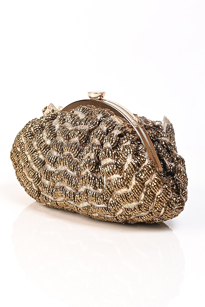 Gold Raw Silk Japanese Bead Embroidered Clutch by Sugarcrush at Pernia's Pop Up Shop
