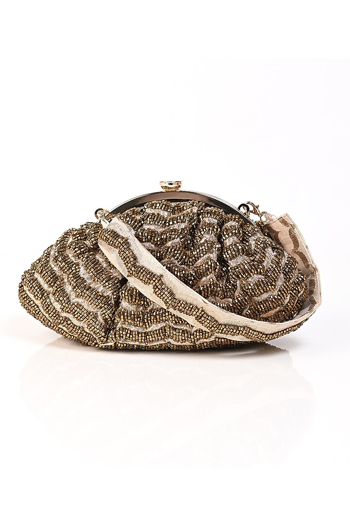 Gold Raw Silk Japanese Bead Embroidered Clutch by Sugarcrush at Pernia's Pop Up Shop