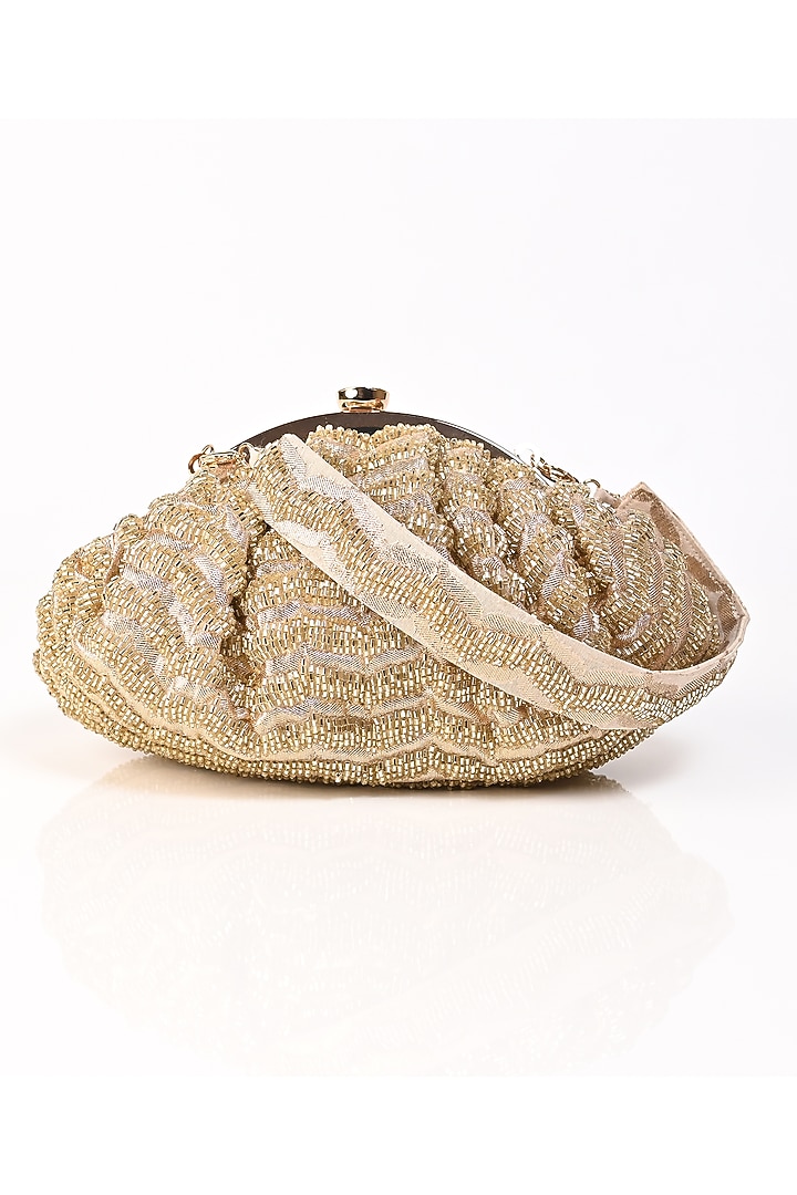 Gold Raw Silk Japanese Bead Embroidered Clutch by Sugarcrush at Pernia's Pop Up Shop