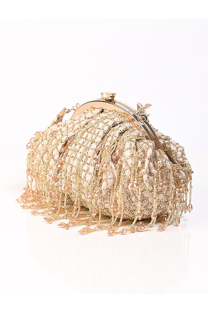 Peach Raw Silk Crystal Embroidered Clutch by Sugarcrush at Pernia's Pop Up Shop