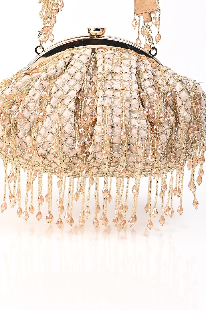 Peach Raw Silk Crystal Embroidered Clutch by Sugarcrush at Pernia's Pop Up Shop