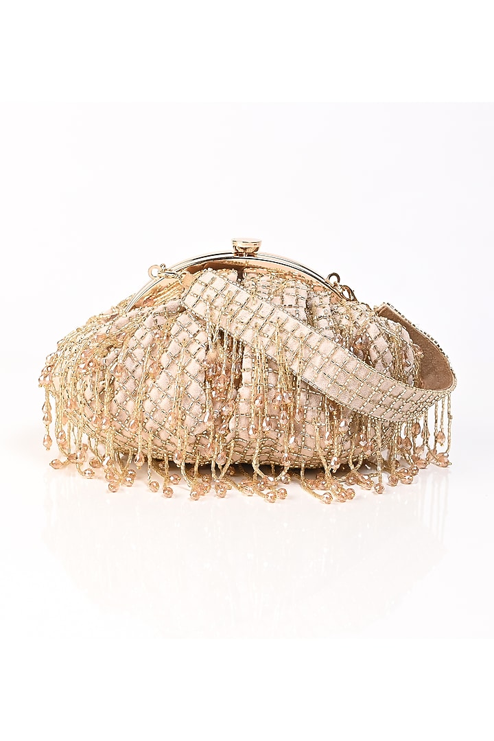 Peach Raw Silk Crystal Embroidered Clutch by Sugarcrush at Pernia's Pop Up Shop