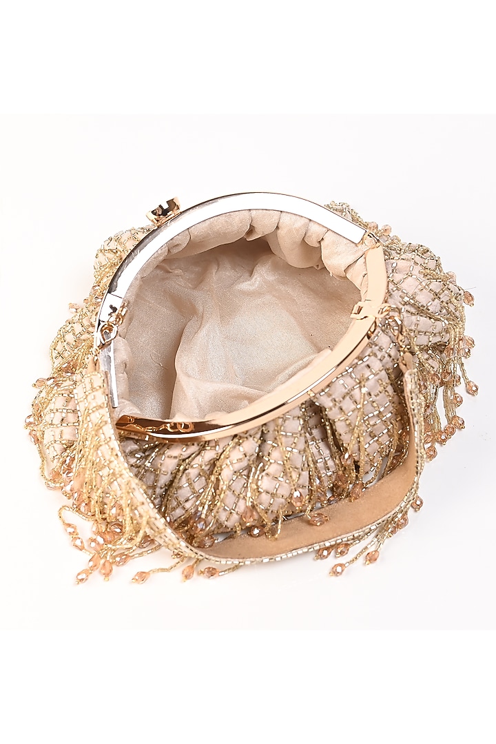 Peach Raw Silk Crystal Embroidered Clutch by Sugarcrush at Pernia's Pop Up Shop