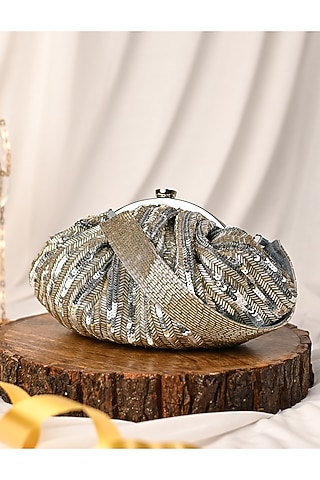 Silver Raw Silk Japanese Bead Embroidered Clutch by Sugarcrush