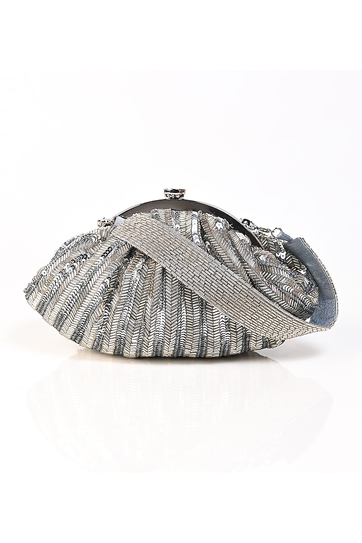Silver Raw Silk Japanese Bead Embroidered Clutch by Sugarcrush at Pernia's Pop Up Shop