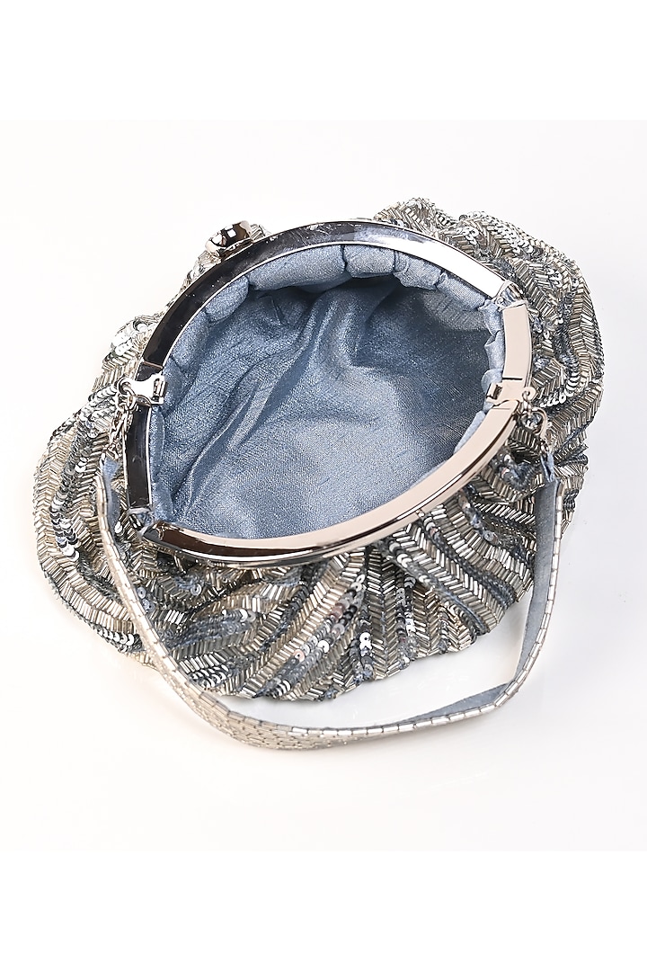 Silver Raw Silk Japanese Bead Embroidered Clutch by Sugarcrush at Pernia's Pop Up Shop
