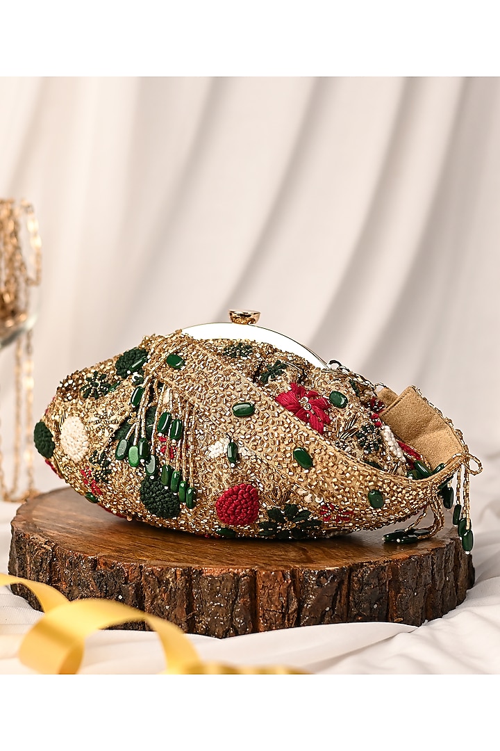 Gold Raw Silk Embroidered Clutch by Sugarcrush