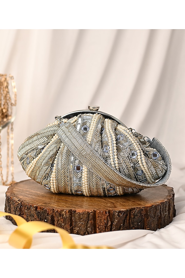 Silver Raw Silk Japanese Bead Embroidered Clutch by Sugarcrush