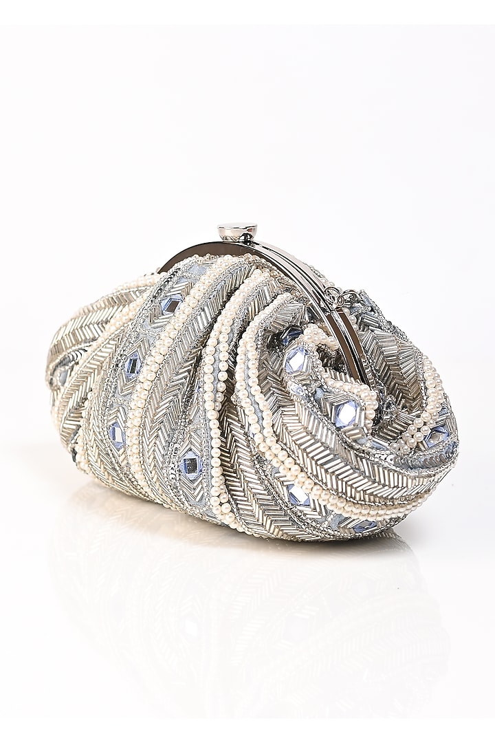 Silver Raw Silk Japanese Bead Embroidered Clutch by Sugarcrush at Pernia's Pop Up Shop