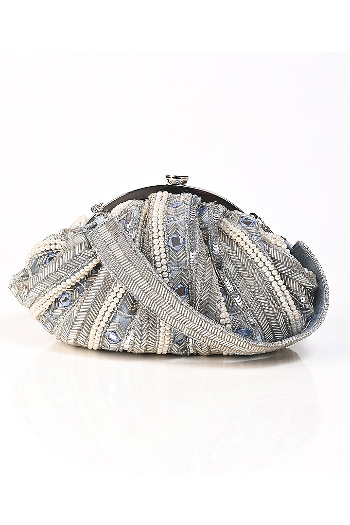 Silver Raw Silk Japanese Bead Embroidered Clutch by Sugarcrush at Pernia's Pop Up Shop