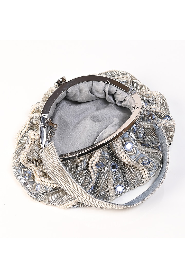 Silver Raw Silk Japanese Bead Embroidered Clutch by Sugarcrush at Pernia's Pop Up Shop
