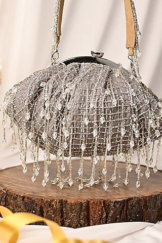 Grey Raw Silk Crystal Embroidered Clutch by Sugarcrush