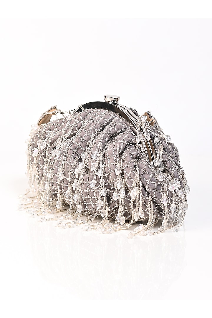 Grey Raw Silk Crystal Embroidered Clutch by Sugarcrush at Pernia's Pop Up Shop
