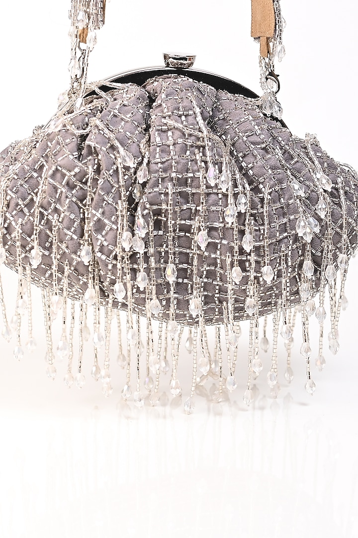Grey Raw Silk Crystal Embroidered Clutch by Sugarcrush at Pernia's Pop Up Shop