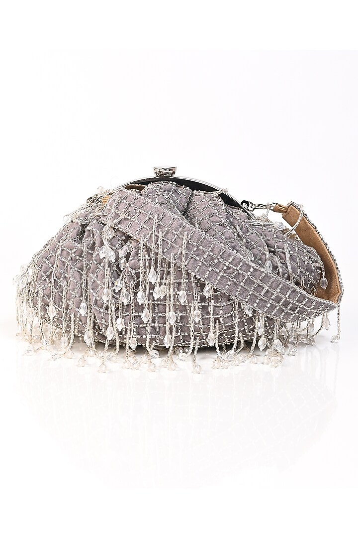 Grey Raw Silk Crystal Embroidered Clutch by Sugarcrush at Pernia's Pop Up Shop