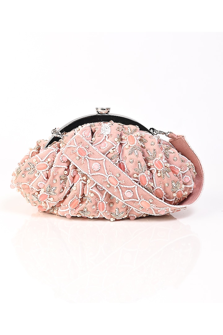 Pink Raw Silk Crystal Embroidered Clutch by Sugarcrush