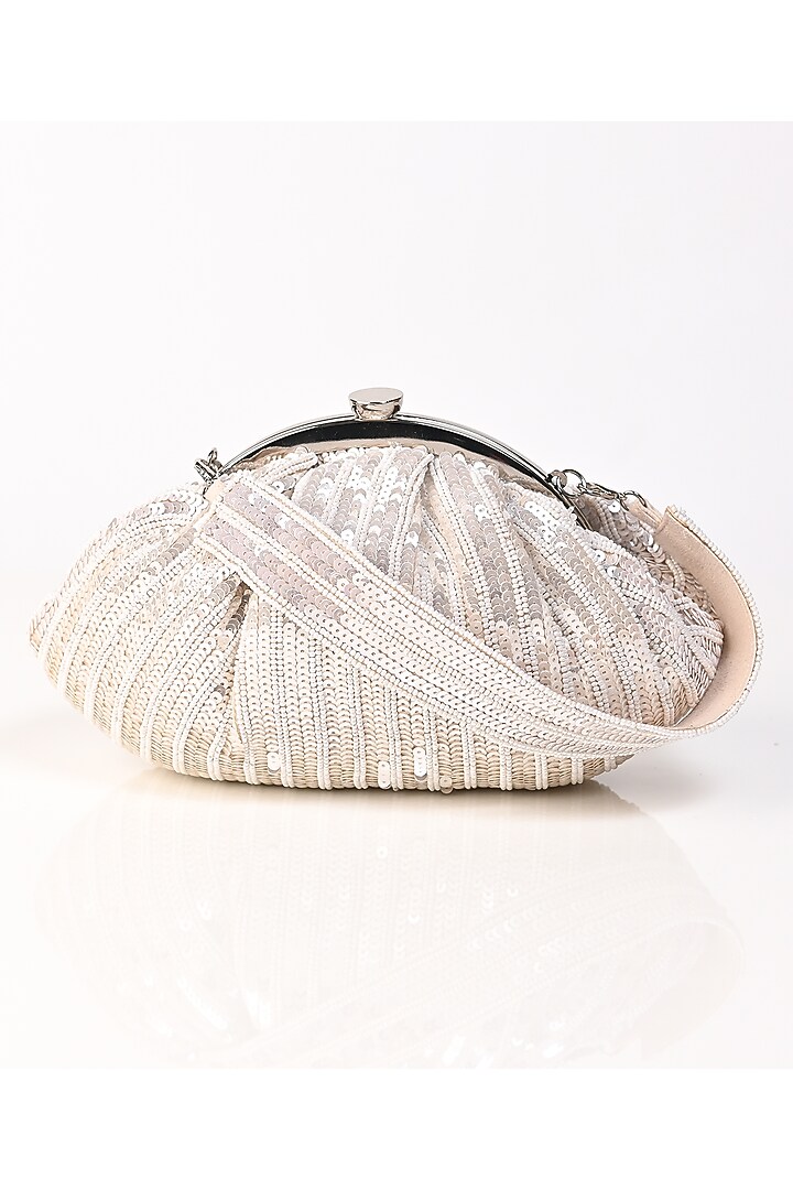 Off-White Raw Silk Japanese Bead Embroidered Clutch by Sugarcrush at Pernia's Pop Up Shop