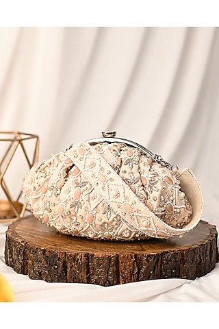 Peach Raw Silk Crystal Embellished Clutch by Sugarcrush