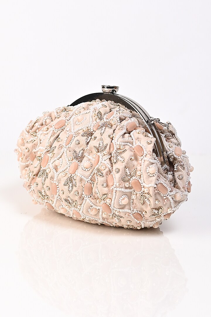 Peach Raw Silk Crystal Embellished Clutch by Sugarcrush at Pernia's Pop Up Shop