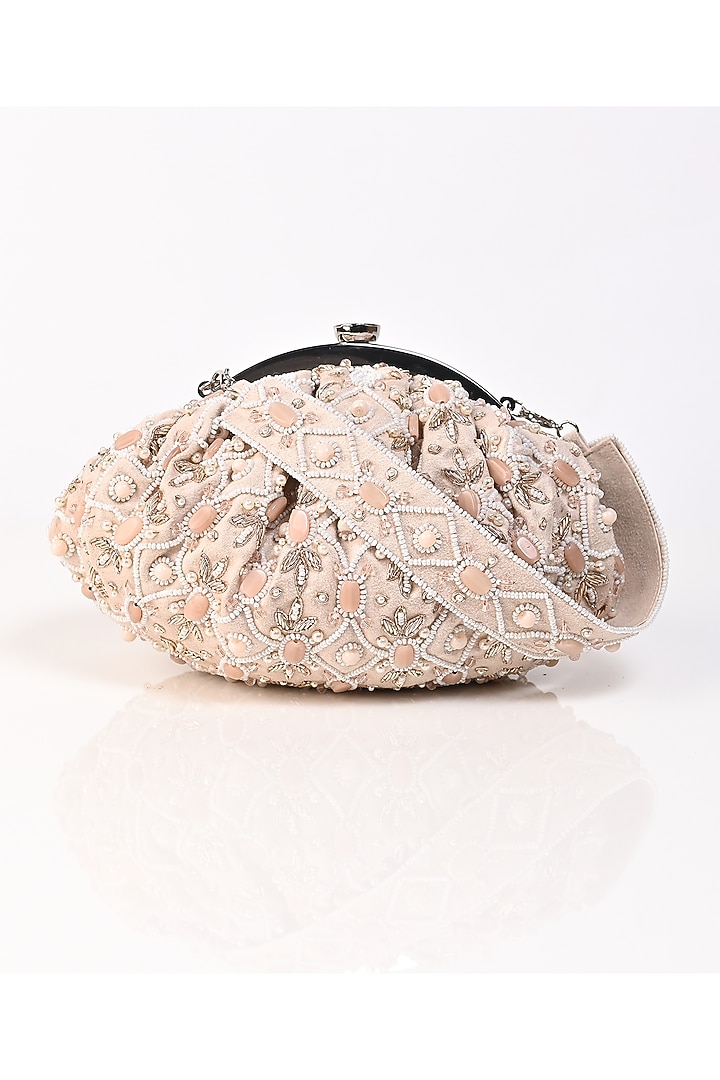 Peach Raw Silk Crystal Embellished Clutch by Sugarcrush at Pernia's Pop Up Shop