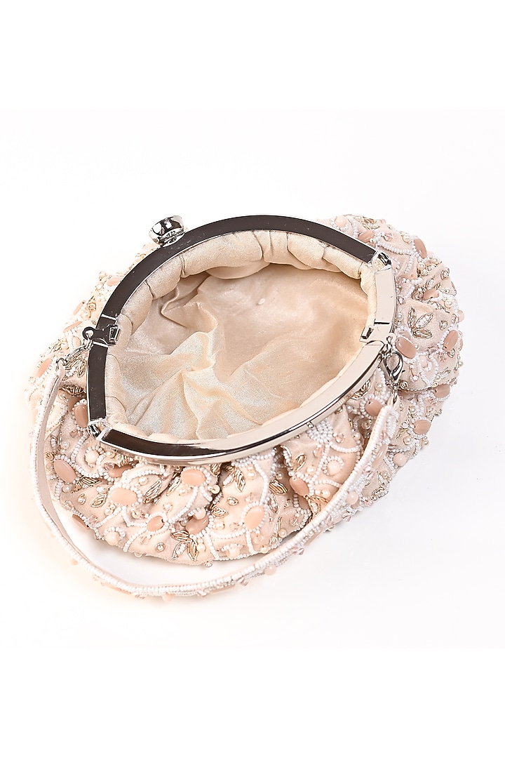 Peach Raw Silk Crystal Embellished Clutch by Sugarcrush at Pernia's Pop Up Shop