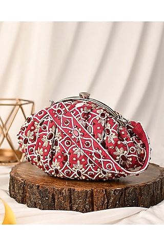 Red Raw Silk Crystal Embellished Clutch by Sugarcrush