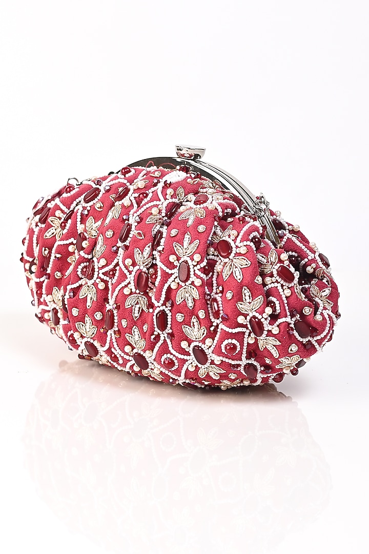 Red Raw Silk Crystal Embellished Clutch by Sugarcrush at Pernia's Pop Up Shop