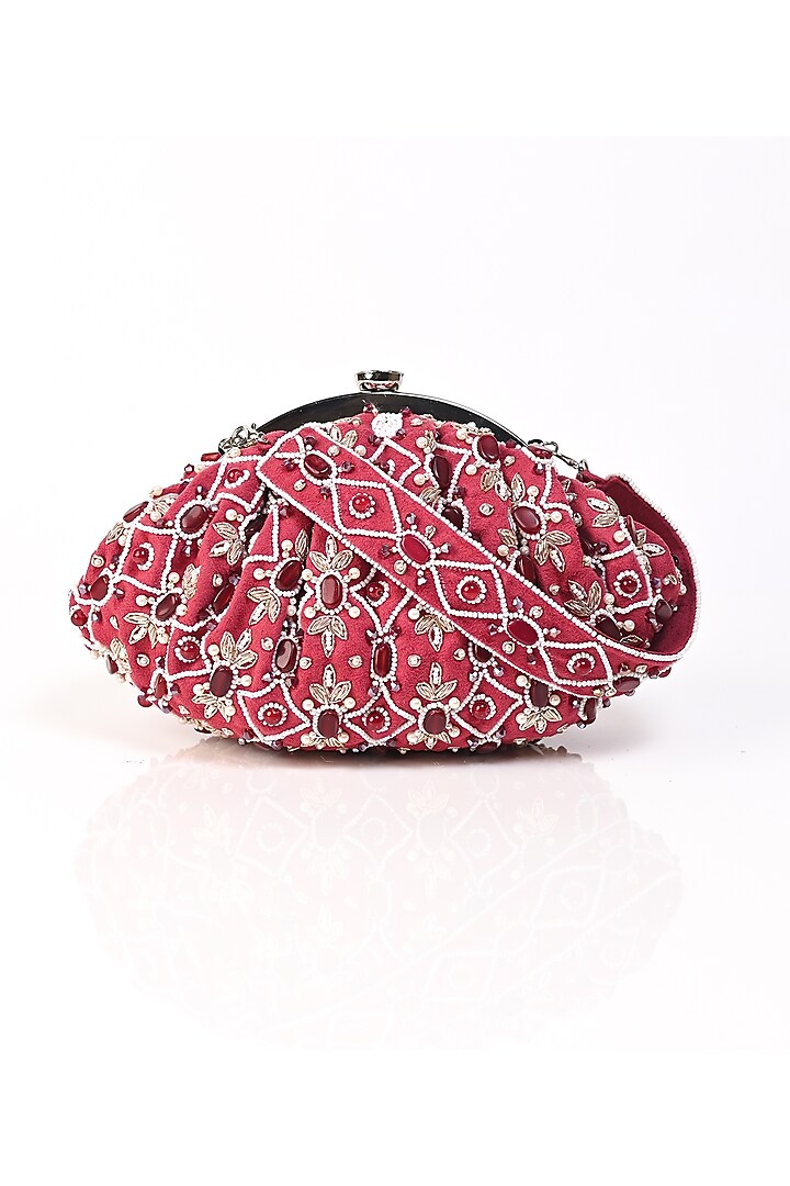 Red Raw Silk Crystal Embellished Clutch by Sugarcrush at Pernia's Pop Up Shop