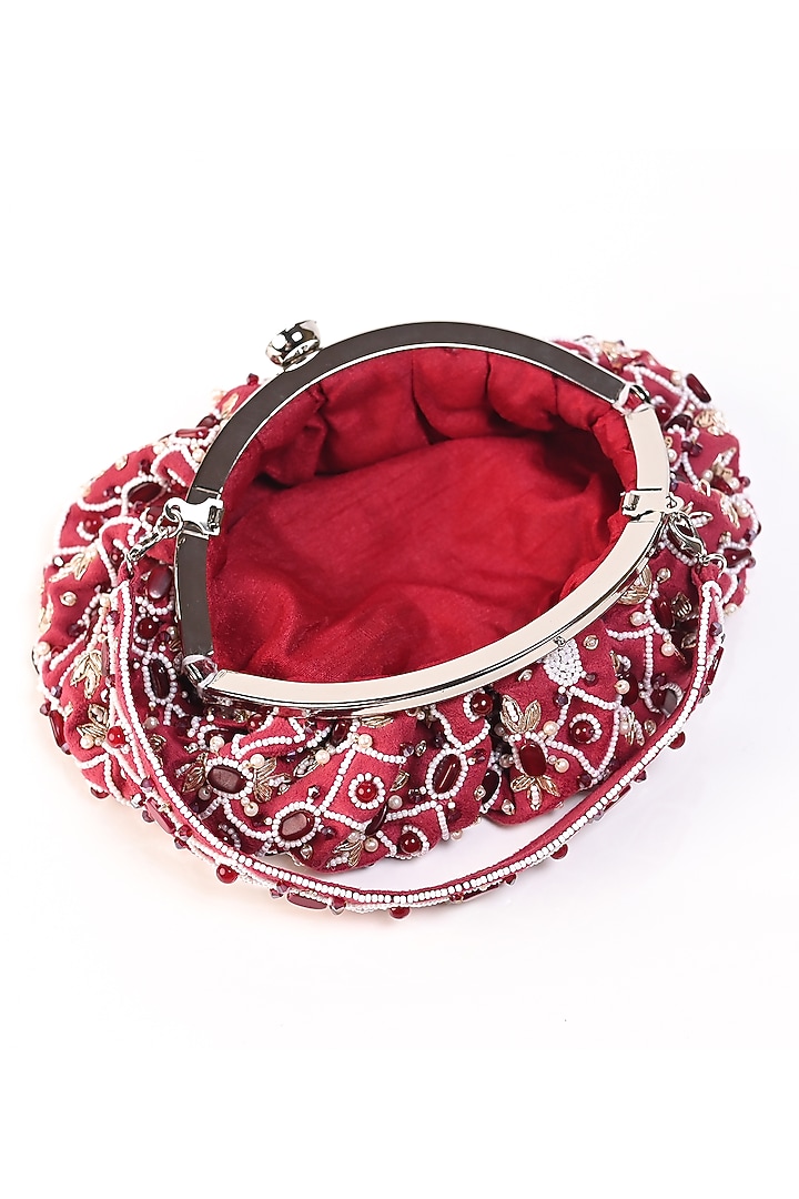 Red Raw Silk Crystal Embellished Clutch by Sugarcrush at Pernia's Pop Up Shop