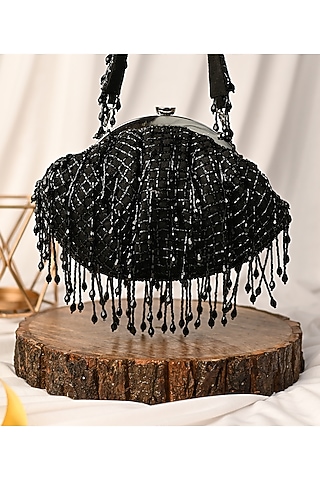 Black Raw Silk Crystal Embellished Clutch by Sugarcrush