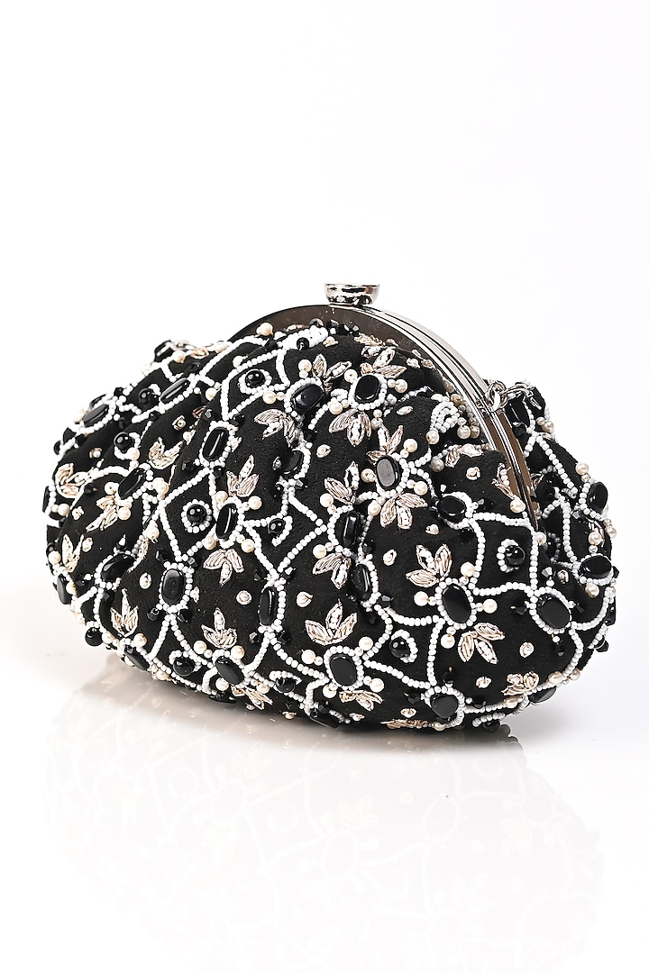 Black Raw Silk Crystal Embellished Clutch by Sugarcrush at Pernia's Pop Up Shop