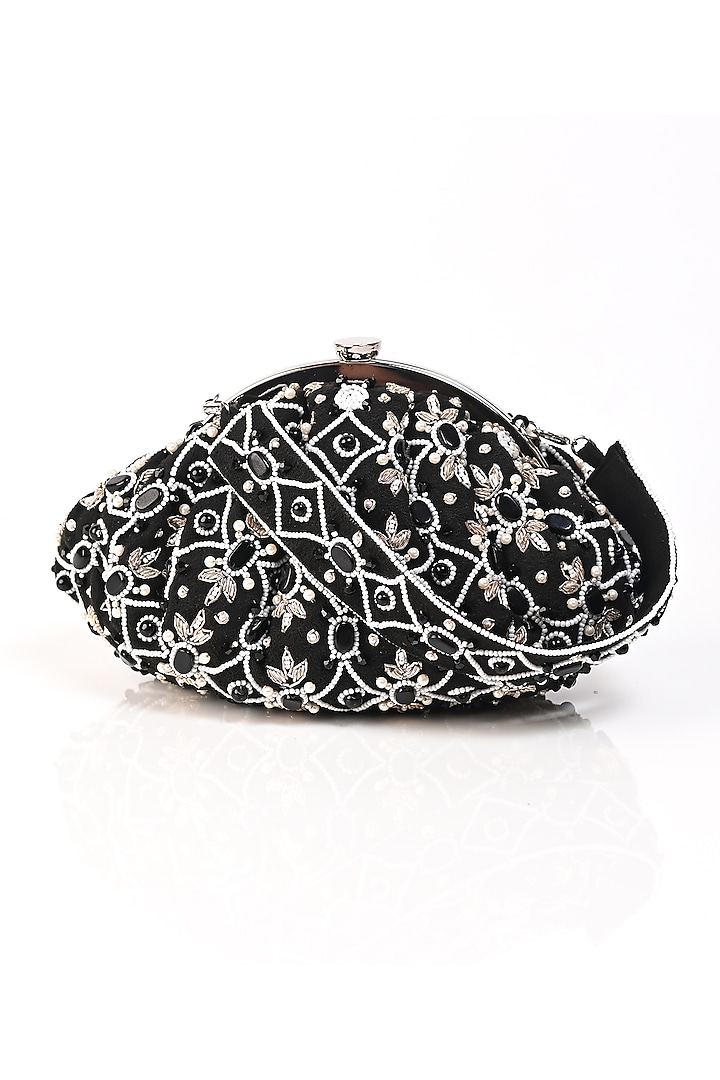 Black Raw Silk Crystal Embellished Clutch by Sugarcrush at Pernia's Pop Up Shop