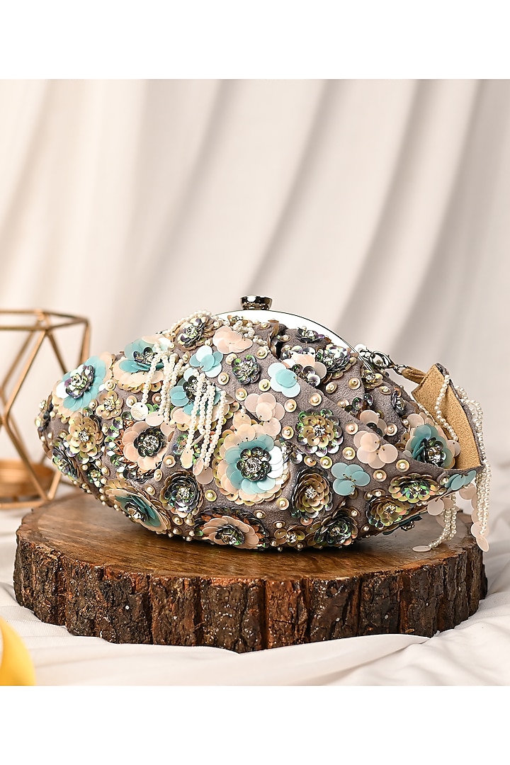Multi-colored Raw Silk Floral Embellished Clutch by Sugarcrush