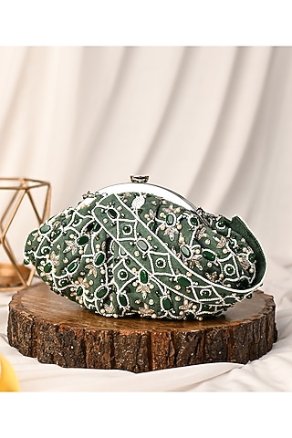 Green Raw Silk Crystal Embellished Clutch by Sugarcrush