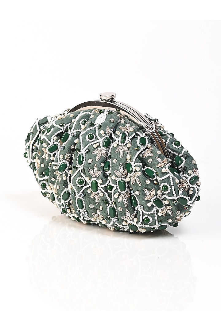 Green Raw Silk Crystal Embellished Clutch by Sugarcrush at Pernia's Pop Up Shop