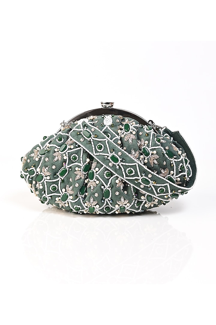 Green Raw Silk Crystal Embellished Clutch by Sugarcrush at Pernia's Pop Up Shop