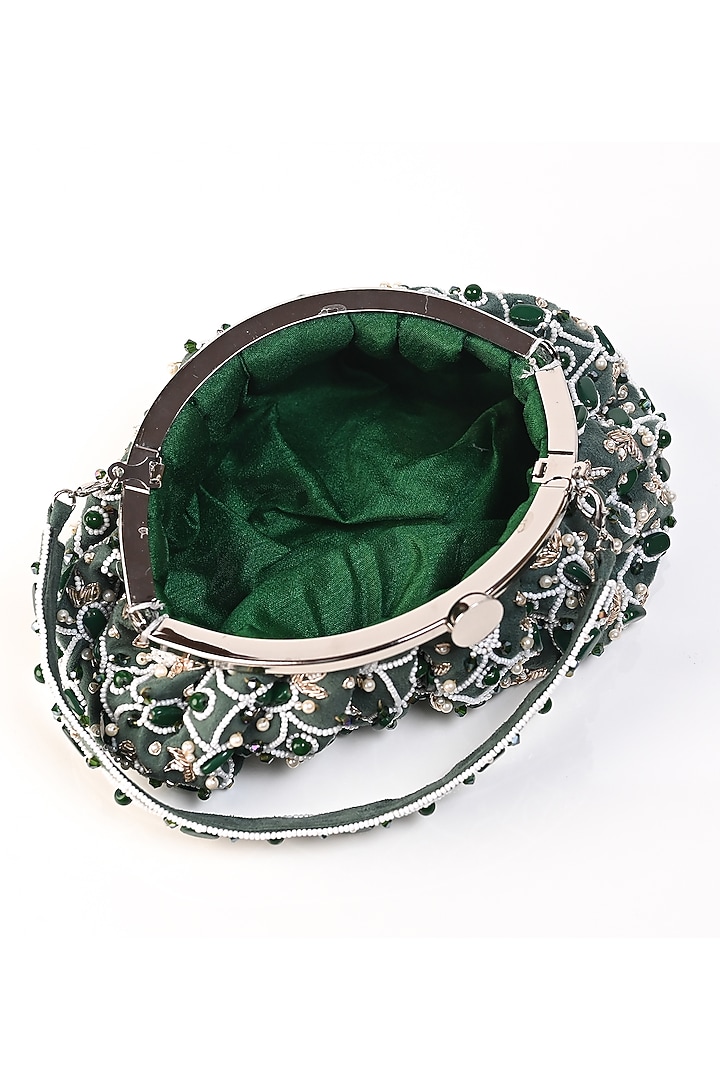 Green Raw Silk Crystal Embellished Clutch by Sugarcrush at Pernia's Pop Up Shop