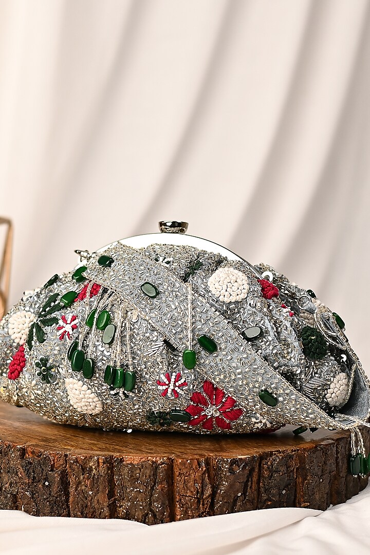 Silver Raw Silk Crystal Embroidered Clutch by Sugarcrush