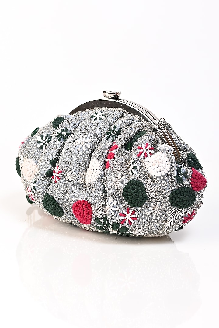 Silver Raw Silk Crystal Embroidered Clutch by Sugarcrush at Pernia's Pop Up Shop