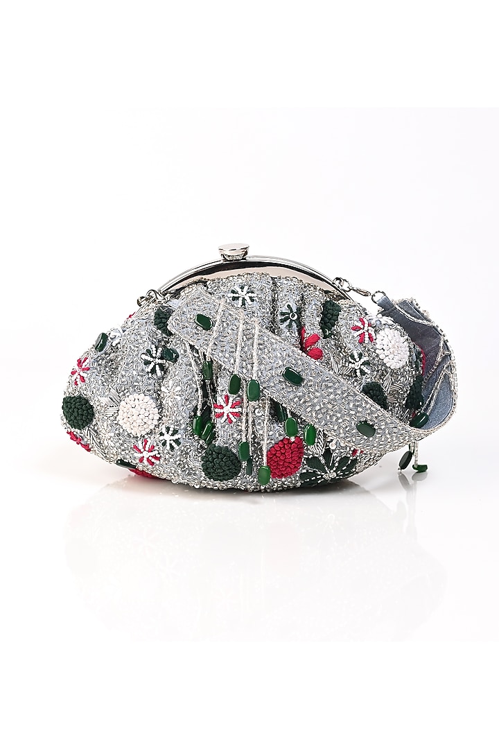 Silver Raw Silk Crystal Embroidered Clutch by Sugarcrush at Pernia's Pop Up Shop