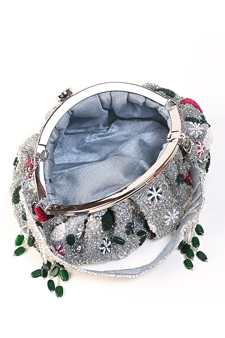Silver Raw Silk Crystal Embroidered Clutch by Sugarcrush at Pernia's Pop Up Shop