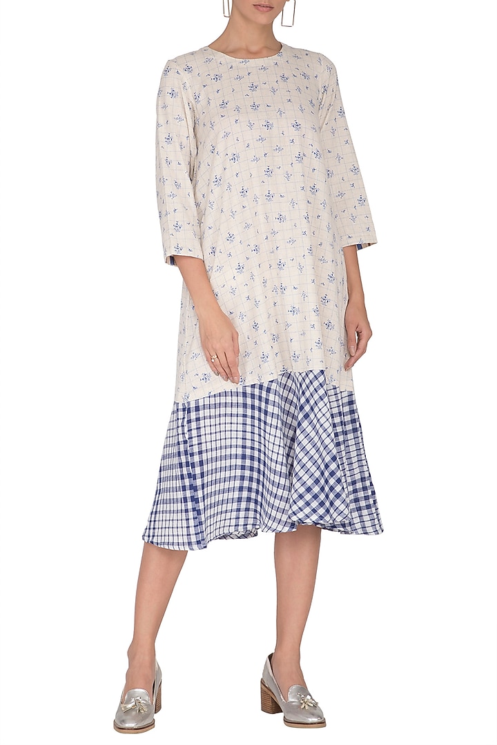 White Floral Printed & Checkered Panelled Summer Dress by Sagaa by Vanita at Pernia's Pop Up Shop