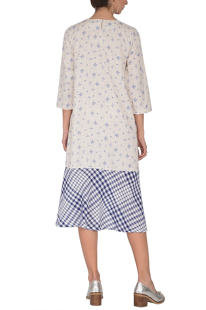 White Floral Printed & Checkered Panelled Summer Dress by Sagaa by Vanita at Pernia's Pop Up Shop