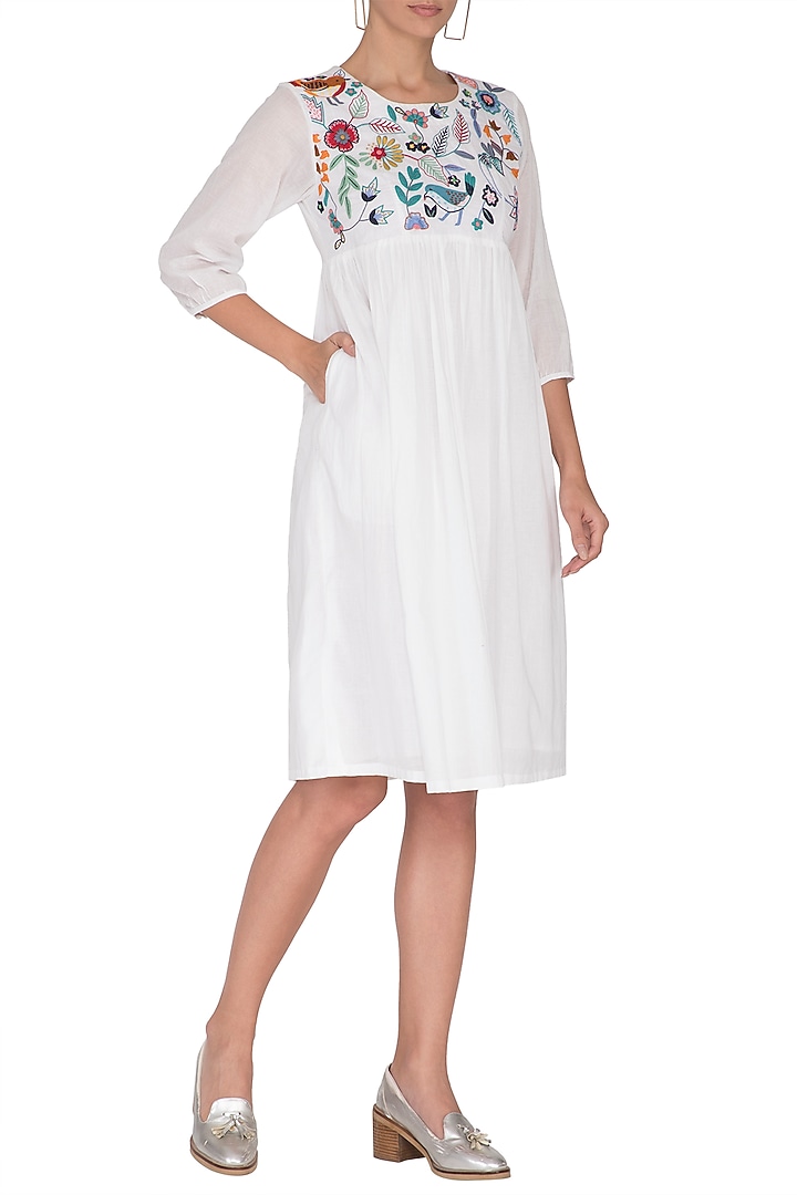 White Aari Embroidered Summer Dress by Sagaa by Vanita at Pernia's Pop Up Shop
