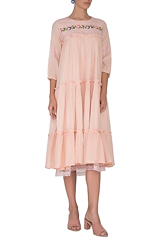Peach Embroidered Tiered Dress by Sagaa by Vanita