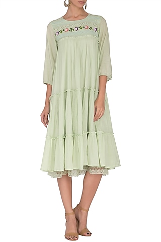 Emerald Green Embroidered Tiered Dress by Sagaa by Vanita